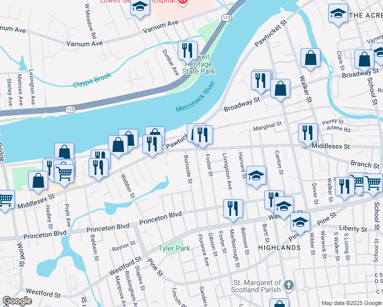map of restaurants, bars, coffee shops, grocery stores, and more near 34 Sayles Street in Lowell
