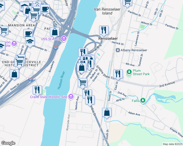 map of restaurants, bars, coffee shops, grocery stores, and more near 15 Walker Street in Rensselaer
