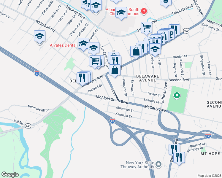 map of restaurants, bars, coffee shops, grocery stores, and more near in Albany