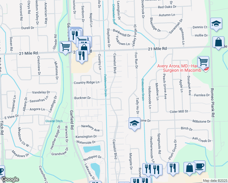 map of restaurants, bars, coffee shops, grocery stores, and more near 46230 Tory Drive in Macomb