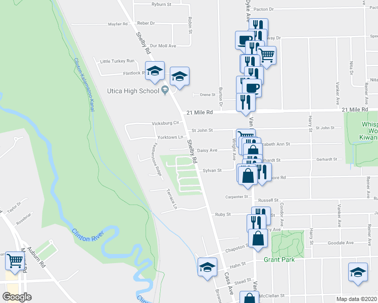 map of restaurants, bars, coffee shops, grocery stores, and more near 46731 Shelby Road in Utica