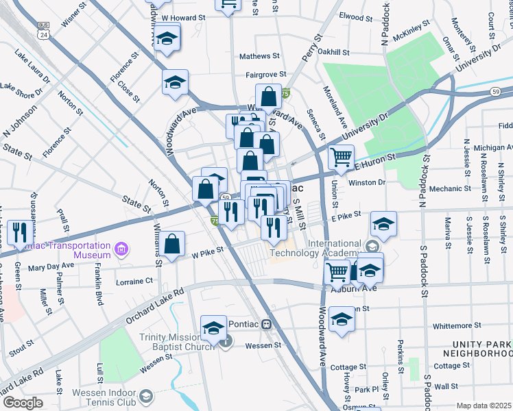 map of restaurants, bars, coffee shops, grocery stores, and more near 26 Wayne Street in Pontiac