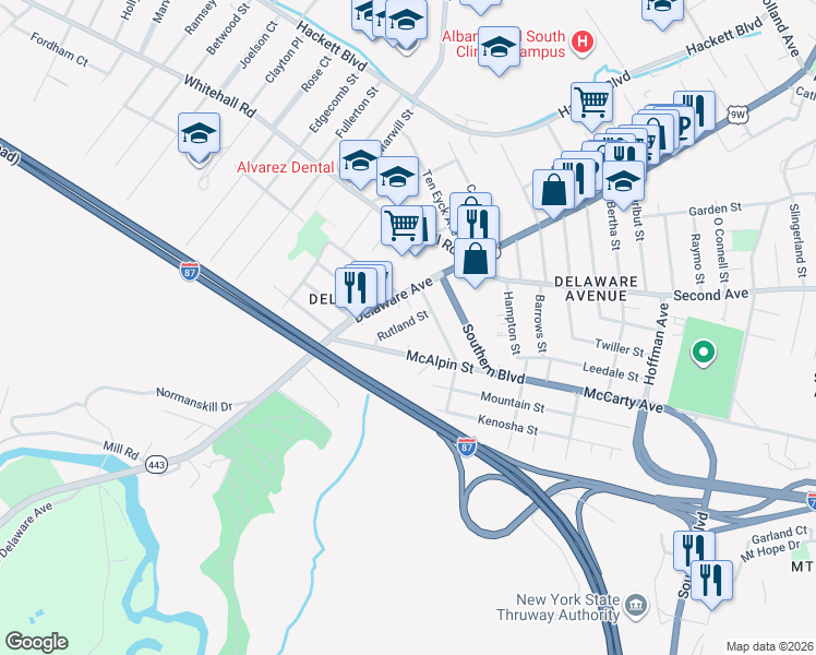 map of restaurants, bars, coffee shops, grocery stores, and more near 23 Rutland Street in Albany