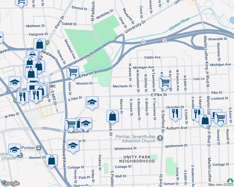 map of restaurants, bars, coffee shops, grocery stores, and more near 276 East Pike Street in Pontiac