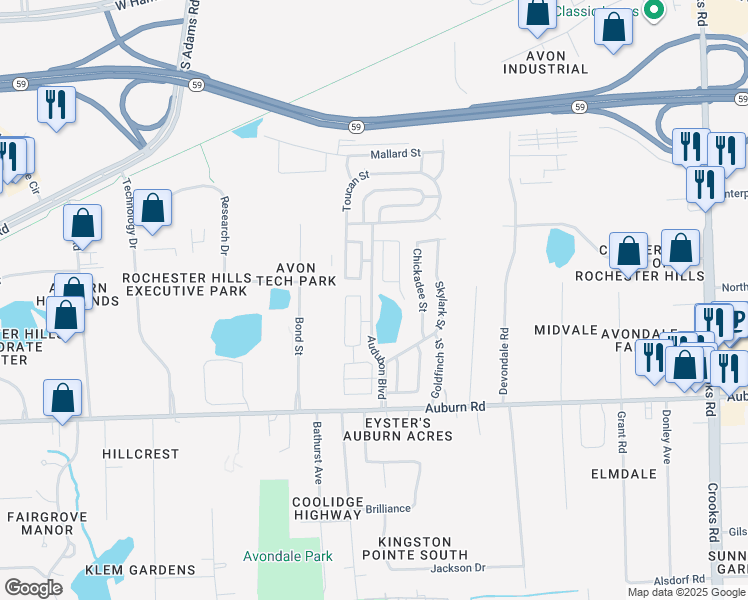 map of restaurants, bars, coffee shops, grocery stores, and more near 2889 Sandpiper Street in Rochester Hills