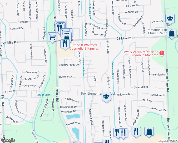 map of restaurants, bars, coffee shops, grocery stores, and more near 17119 Scarborough Drive in Macomb