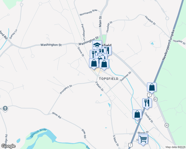 map of restaurants, bars, coffee shops, grocery stores, and more near 6 Grove Street in Topsfield