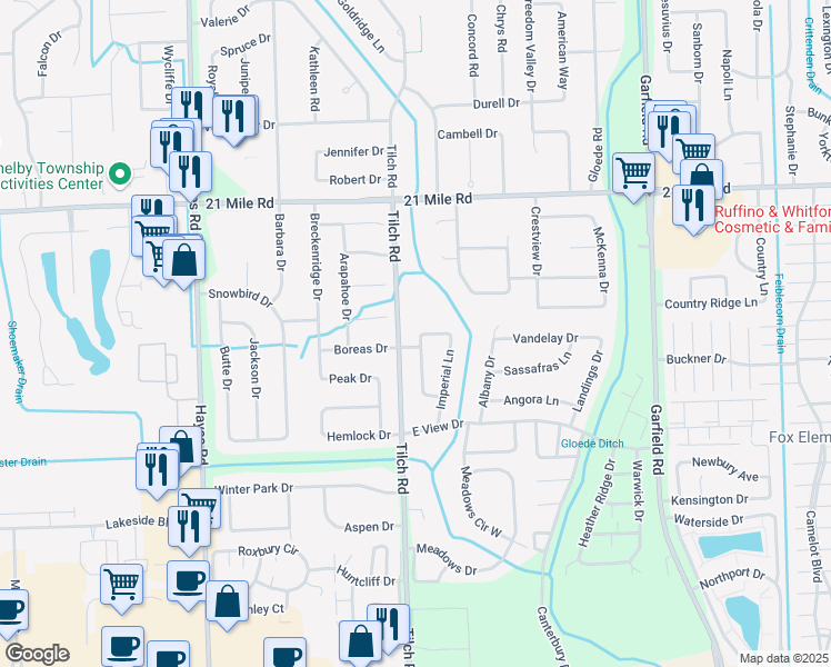 map of restaurants, bars, coffee shops, grocery stores, and more near 15935 Bentley Circle West in Macomb