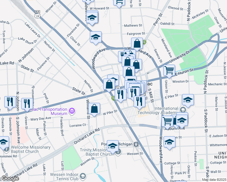 map of restaurants, bars, coffee shops, grocery stores, and more near 75 Michigan 59 in Pontiac