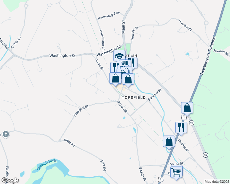 map of restaurants, bars, coffee shops, grocery stores, and more near 10 South Main Street in Topsfield