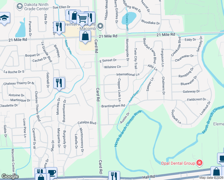 map of restaurants, bars, coffee shops, grocery stores, and more near 21881 Iron Hasp Drive in Macomb