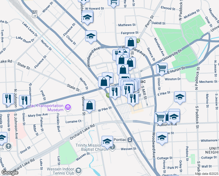 map of restaurants, bars, coffee shops, grocery stores, and more near 69 West Huron Street in Pontiac