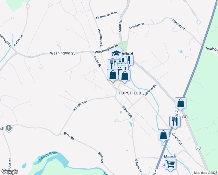 map of restaurants, bars, coffee shops, grocery stores, and more near 13 Prospect Street in Topsfield