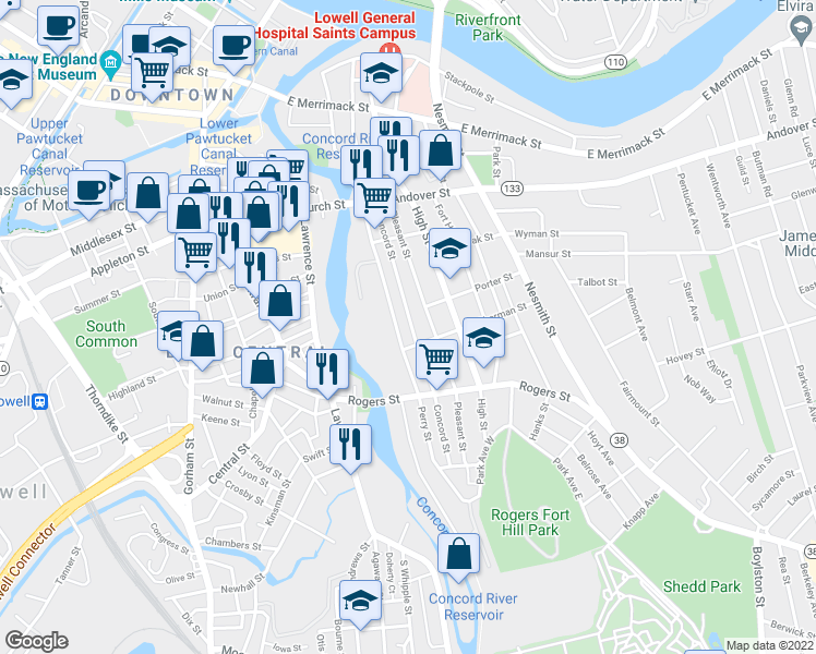 map of restaurants, bars, coffee shops, grocery stores, and more near 170 Perry Street in Lowell