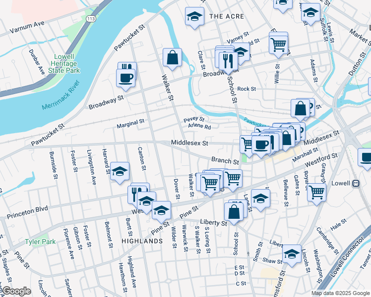 map of restaurants, bars, coffee shops, grocery stores, and more near 331 Walker Street in Lowell