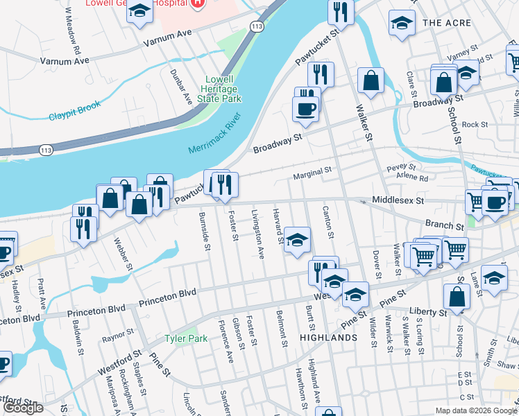 map of restaurants, bars, coffee shops, grocery stores, and more near 31 Harvard Street in Lowell