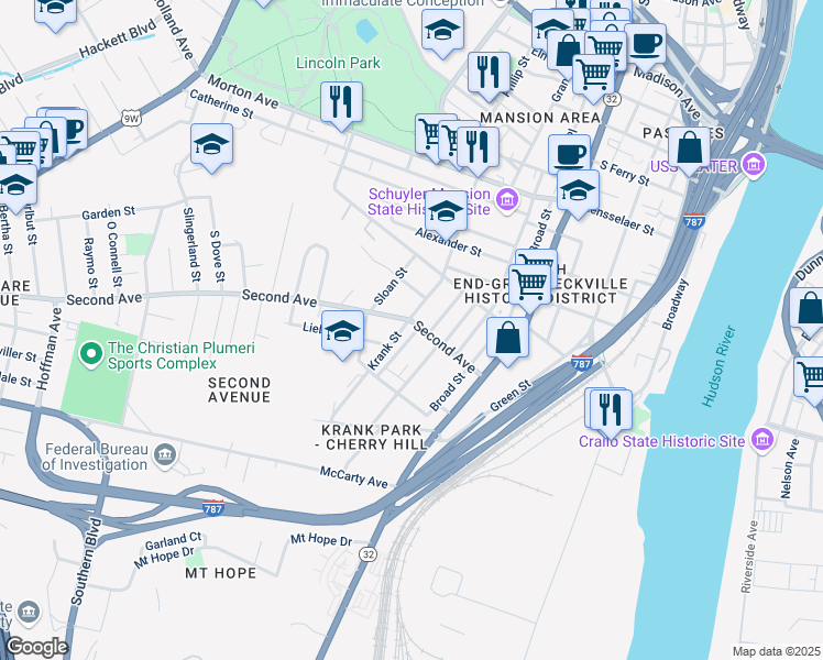 map of restaurants, bars, coffee shops, grocery stores, and more near 13 Benjamin Street in Albany