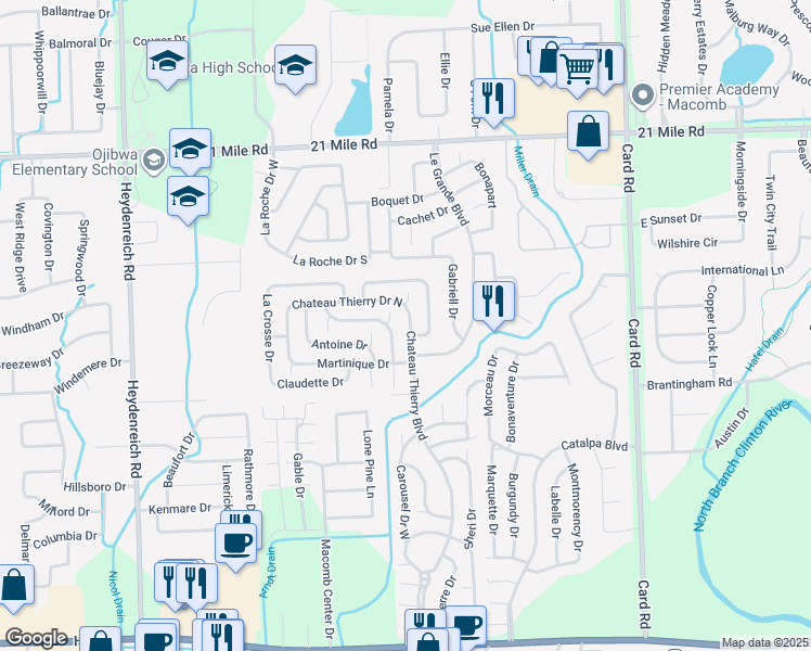 map of restaurants, bars, coffee shops, grocery stores, and more near 46143 Chateau Thierry Boulevard in Macomb
