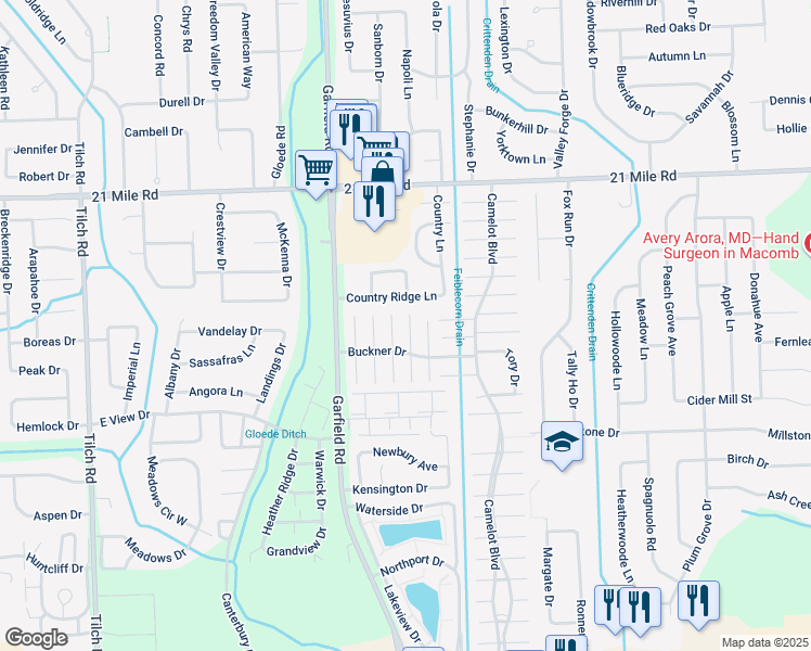 map of restaurants, bars, coffee shops, grocery stores, and more near 46309 Westminister Drive in Macomb