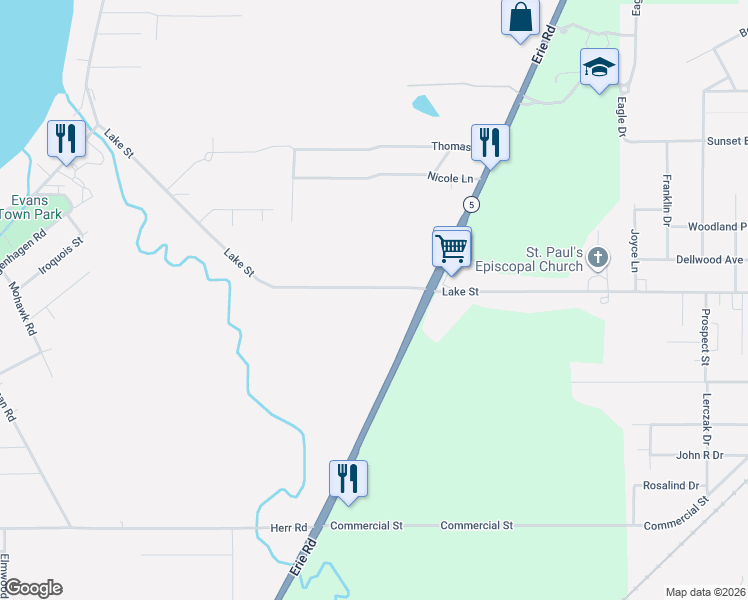 map of restaurants, bars, coffee shops, grocery stores, and more near 9094 Erie Road in Angola