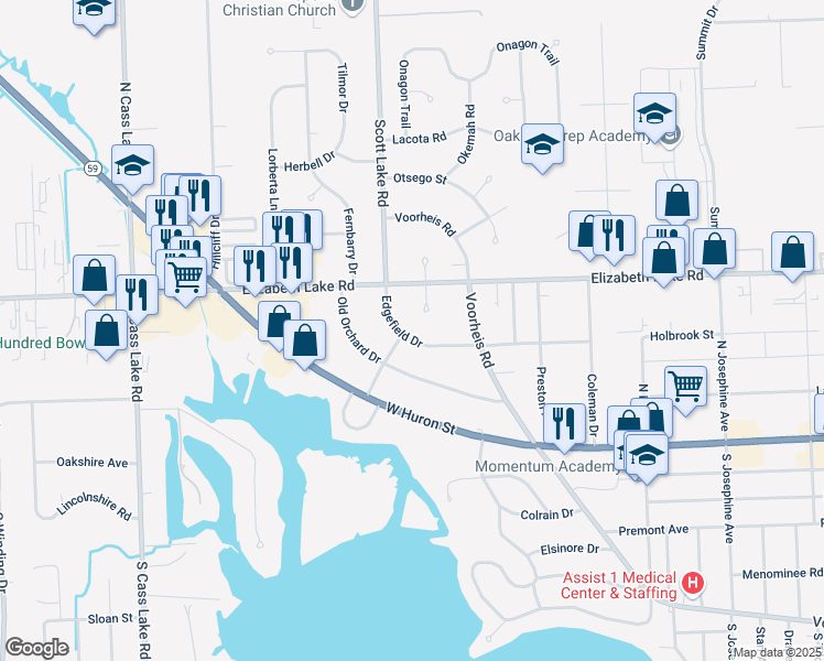 map of restaurants, bars, coffee shops, grocery stores, and more near 2973 Edgefield Drive in Waterford Township