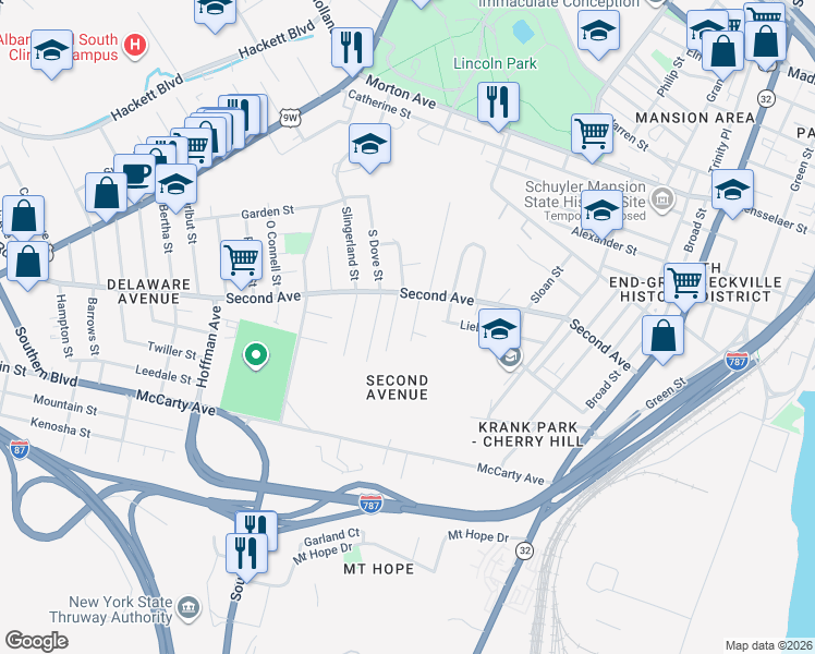 map of restaurants, bars, coffee shops, grocery stores, and more near 31 Bogart Terrace in Albany