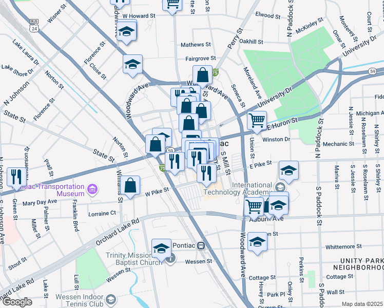 map of restaurants, bars, coffee shops, grocery stores, and more near 26 Wayne Street in Pontiac