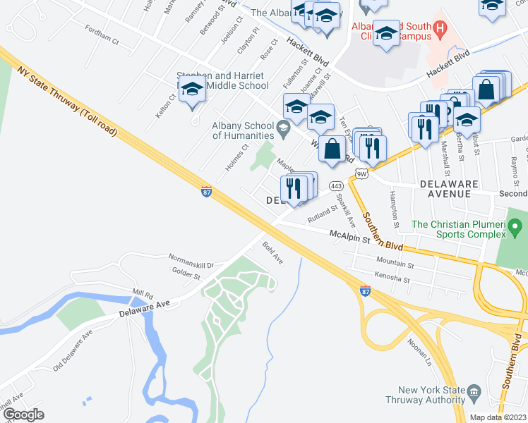 map of restaurants, bars, coffee shops, grocery stores, and more near 12 Mereline Avenue in Albany