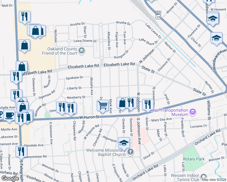 map of restaurants, bars, coffee shops, grocery stores, and more near 92 Mark Avenue in Pontiac