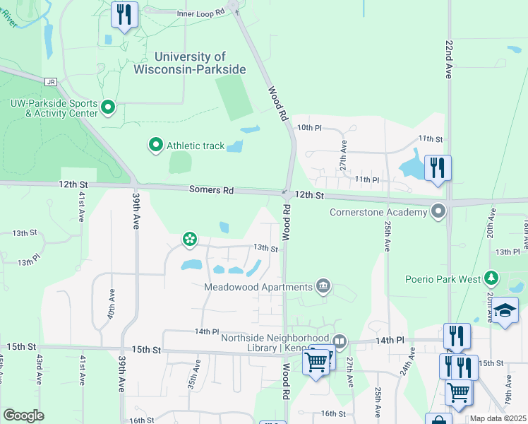 map of restaurants, bars, coffee shops, grocery stores, and more near 3109 12th Street in Kenosha