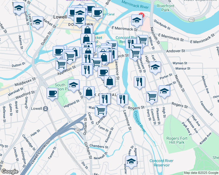 map of restaurants, bars, coffee shops, grocery stores, and more near 574 Central Street in Lowell