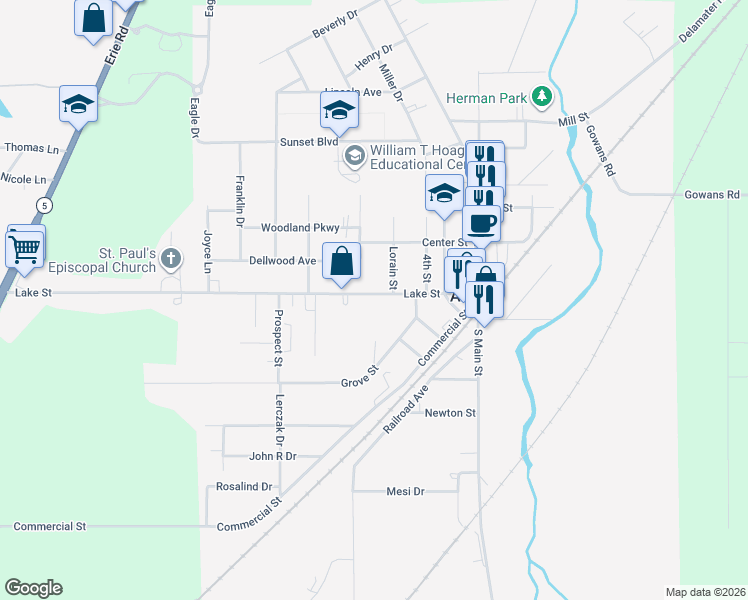 map of restaurants, bars, coffee shops, grocery stores, and more near 12 Lorain Street in Angola