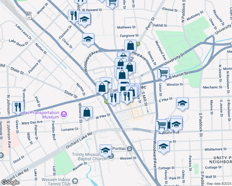 map of restaurants, bars, coffee shops, grocery stores, and more near 18 West Huron Street in Pontiac