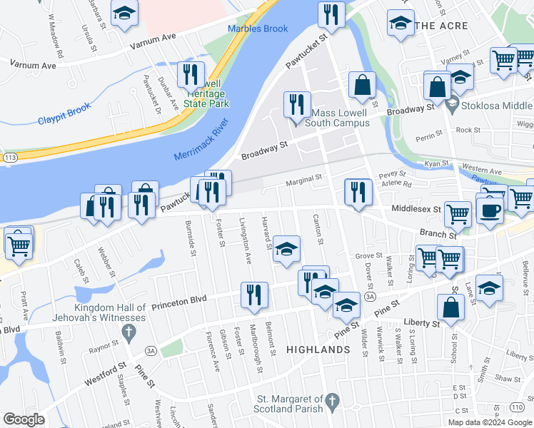 map of restaurants, bars, coffee shops, grocery stores, and more near 6 Harvard Street in Lowell