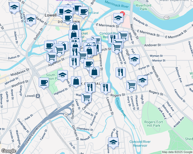 map of restaurants, bars, coffee shops, grocery stores, and more near 14 Ames Street in Lowell