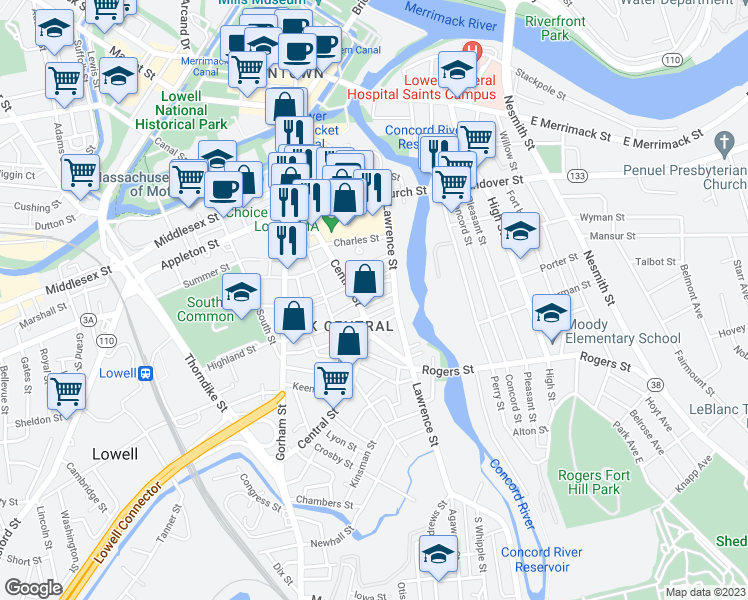 map of restaurants, bars, coffee shops, grocery stores, and more near 16 Ames Street in Lowell
