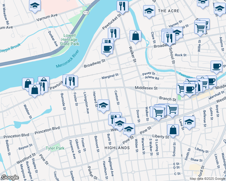 map of restaurants, bars, coffee shops, grocery stores, and more near 1181 Middlesex Street in Lowell