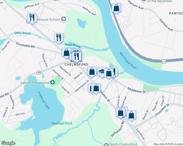 map of restaurants, bars, coffee shops, grocery stores, and more near 29 Middlesex Street in Chelmsford