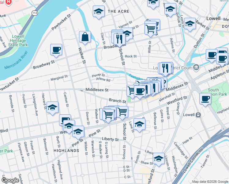 map of restaurants, bars, coffee shops, grocery stores, and more near 50 Spring Avenue in Lowell