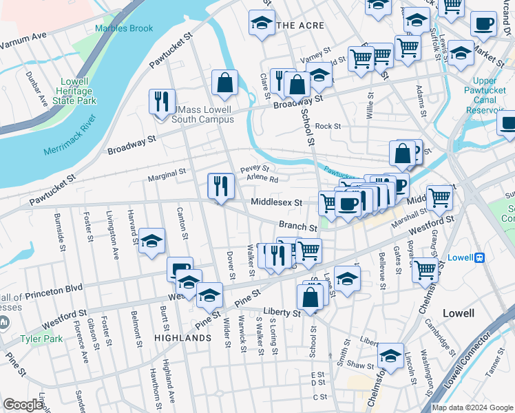 map of restaurants, bars, coffee shops, grocery stores, and more near 999 Middlesex Street in Lowell