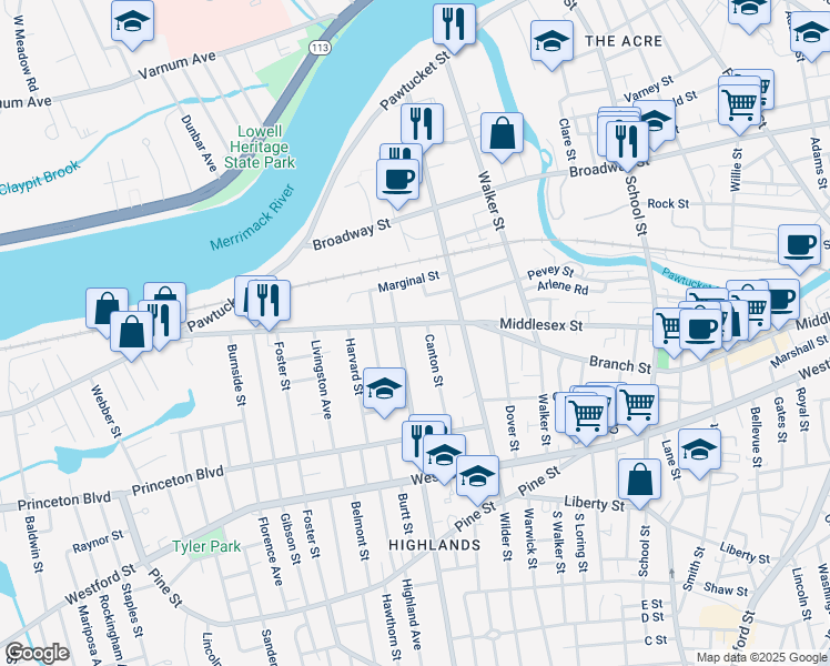 map of restaurants, bars, coffee shops, grocery stores, and more near 1181 Middlesex Street in Lowell