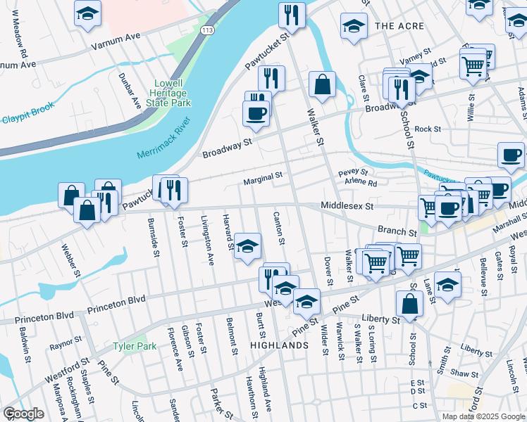 map of restaurants, bars, coffee shops, grocery stores, and more near 1181 Middlesex Street in Lowell