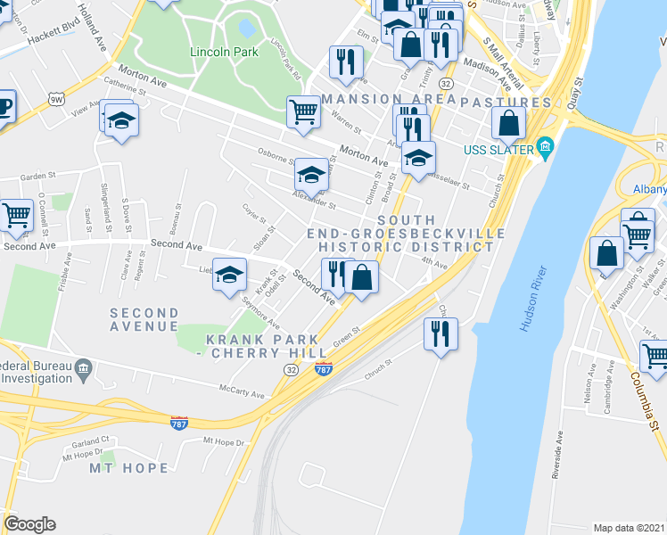 map of restaurants, bars, coffee shops, grocery stores, and more near 3 Teunis Street in Albany