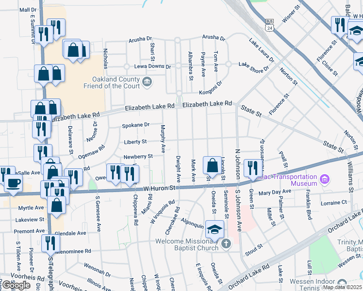 map of restaurants, bars, coffee shops, grocery stores, and more near 123 Dwight Avenue in Pontiac