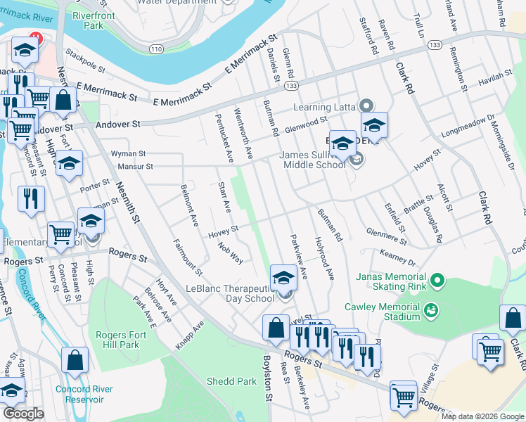 map of restaurants, bars, coffee shops, grocery stores, and more near 151 Wentworth Avenue in Lowell