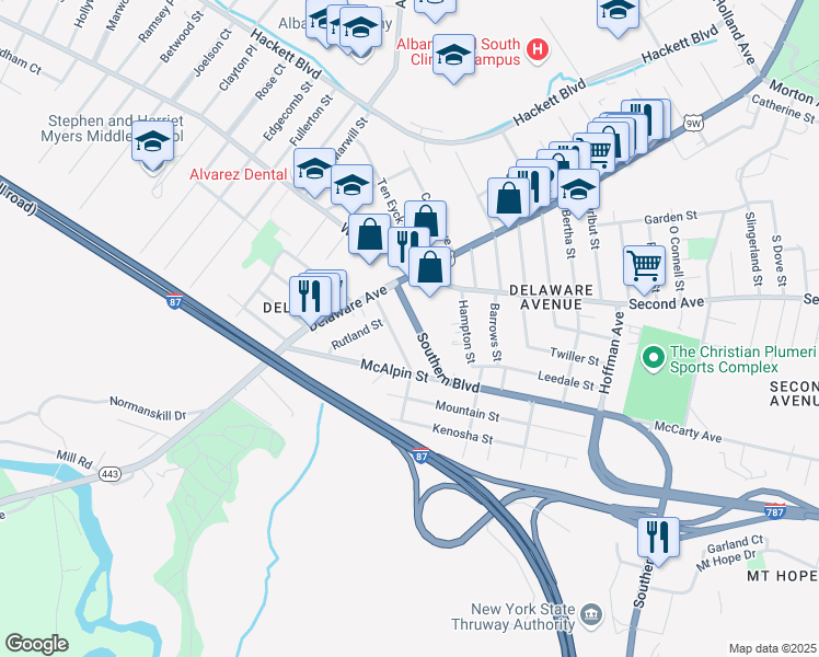 map of restaurants, bars, coffee shops, grocery stores, and more near 40 Southern Boulevard in Albany