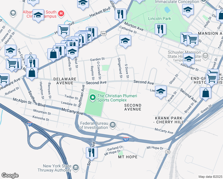 map of restaurants, bars, coffee shops, grocery stores, and more near 262 Second Avenue in Albany