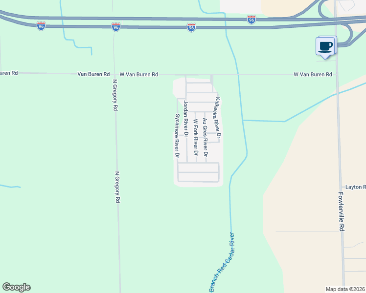 map of restaurants, bars, coffee shops, grocery stores, and more near 298 West Fork River Drive in Fowlerville