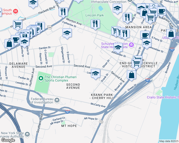 map of restaurants, bars, coffee shops, grocery stores, and more near 136 Second Avenue in Albany