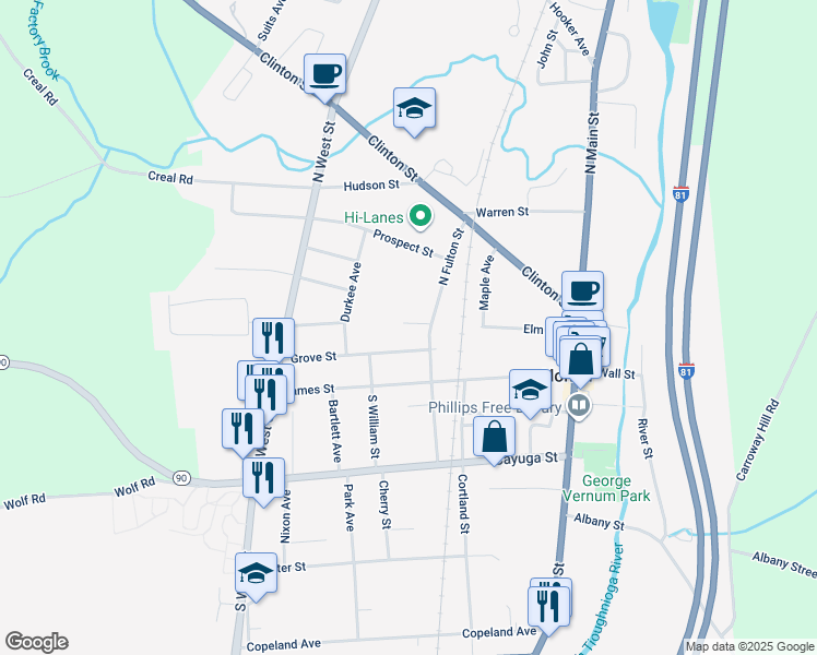 map of restaurants, bars, coffee shops, grocery stores, and more near 20 N Fulton St in Homer